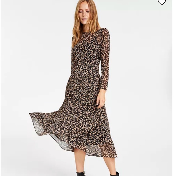 Tommy Hilfiger Long Sleeve Crossover Hem Midi Dress - Black Tan Floral - Size 16 - Picture 1 of 4